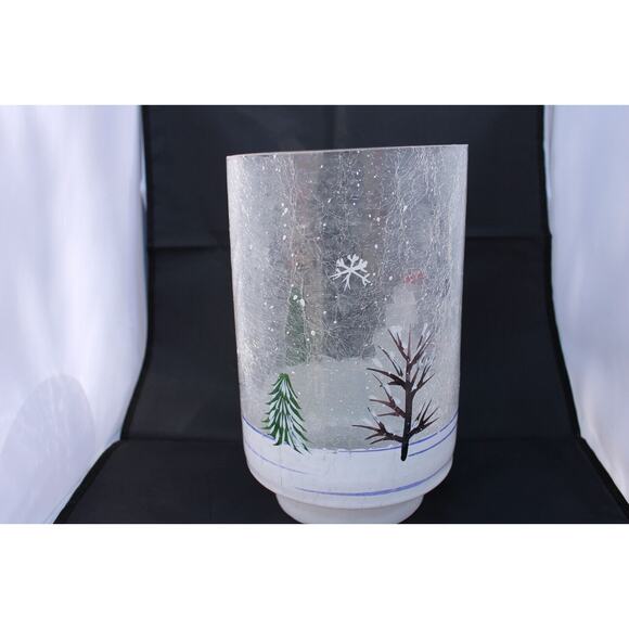 Clear Crackle Large Candle holder/Planter SNOWMAN COUPLE w/ Trees Hand painted - Picture 3 of 6